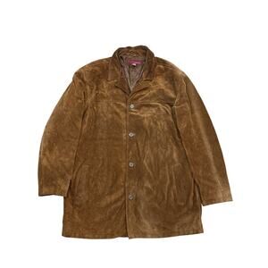 Vtg Merona Suede Brown Leather long lined button up jacket Large 25x35
